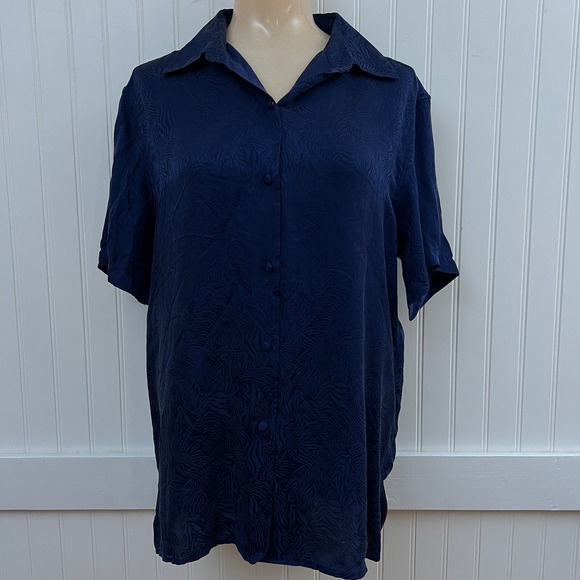 Vintage Tops - Vtg Anna Frank Button Up Blouse Minimalist Gothic 100% Silk Navy Zebra Women's S
